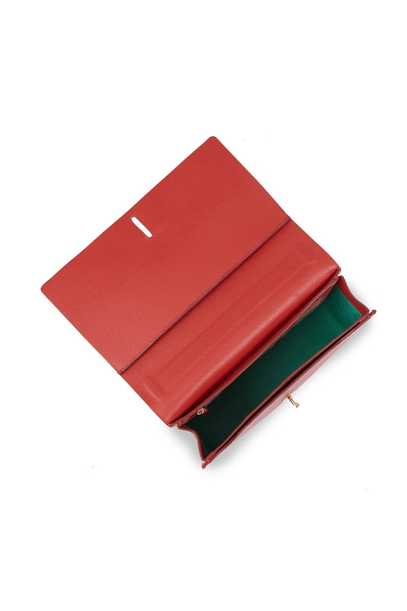 Drapé_Click_terracota_4 Bolso de piel rojo abierto marca HedenBrand, colección Drape Click terracota